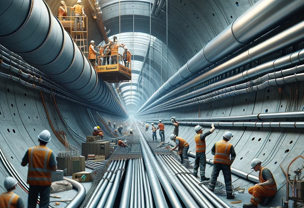 DALL·E 2024-03-23 14.46.32 - Create an image that shows a realistic underground cable tunnel during construction, featuring workers installing a ventilation system. The tunnel sho