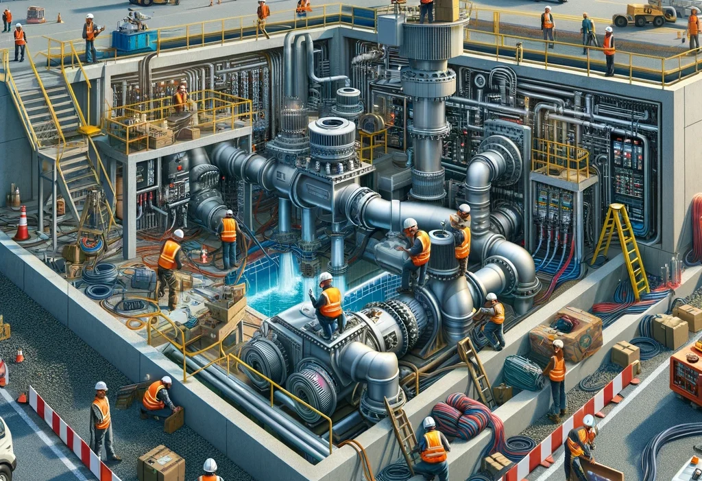 DALL·E 2024-03-23 14.59.41 - Create an image depicting the upgrade process of a pump station at an airport. The scene should include workers engaged in installing new mechanical a