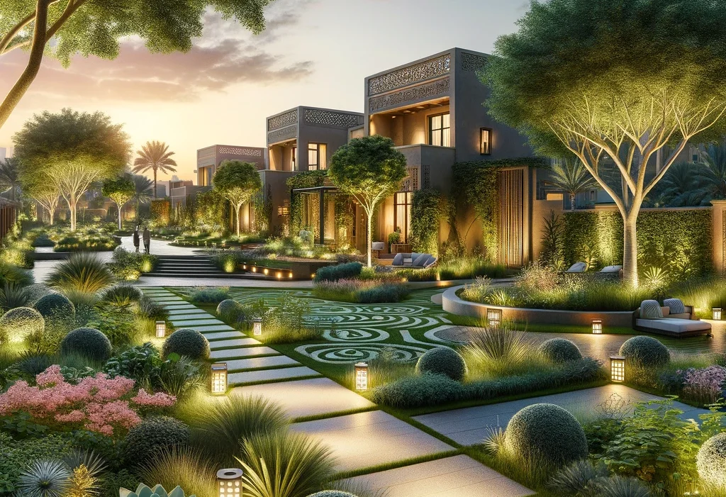 DALL·E 2024-03-23 15.15.57 - Create an image showcasing an elegant and sustainable landscape design for high-end villas in Zabeel, Dubai. The landscape should feature lush greener